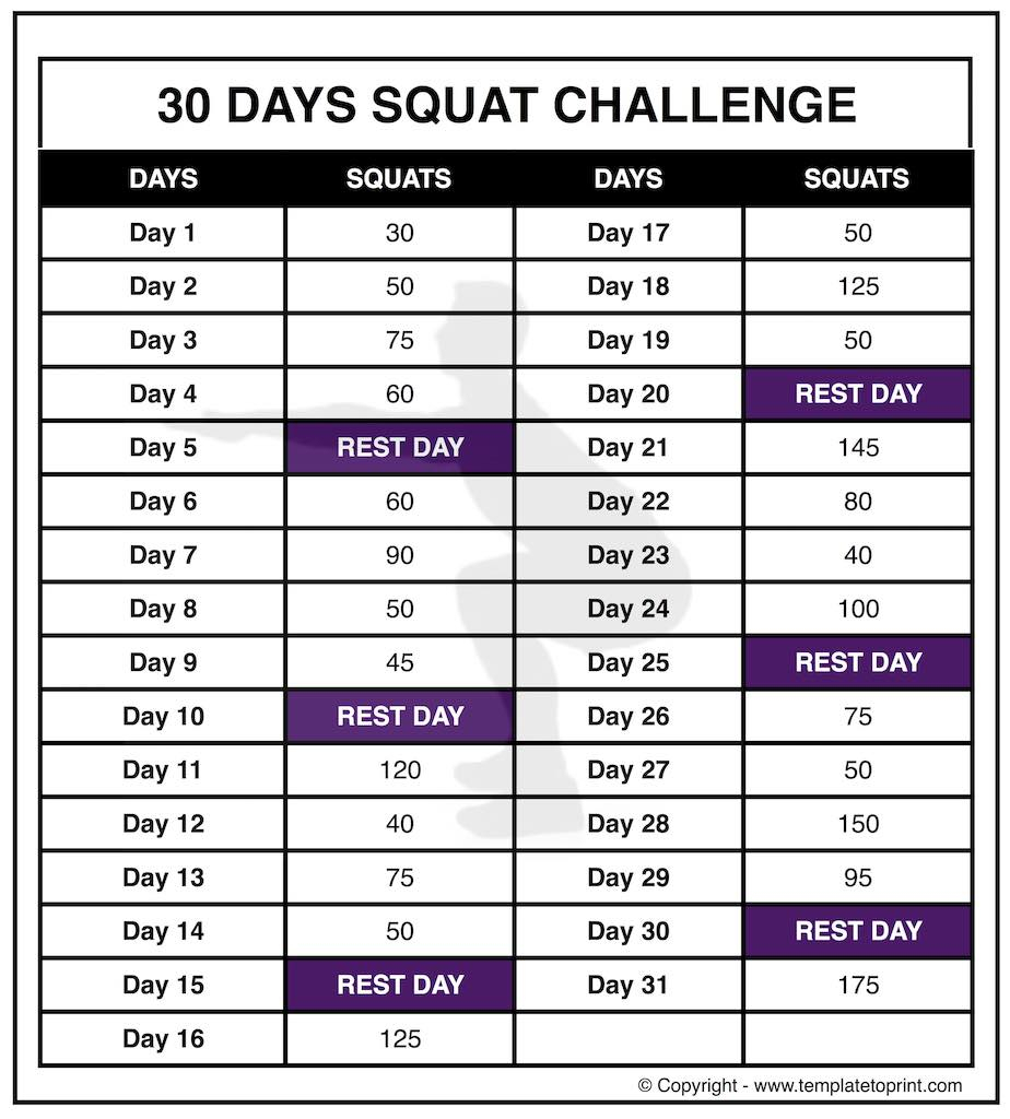30 day squat challenge printable calendar template to print squat challenge printable