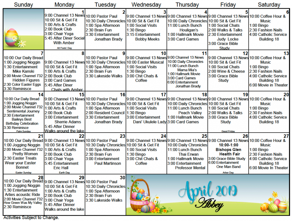 bishops glen retirement center activity calendar for april calendar for retirement