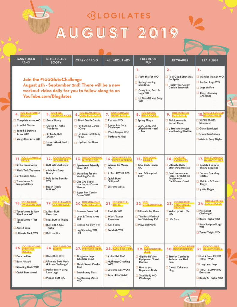 Your August Workout Calendar Blogilates Blogilates August 2020 Challenge