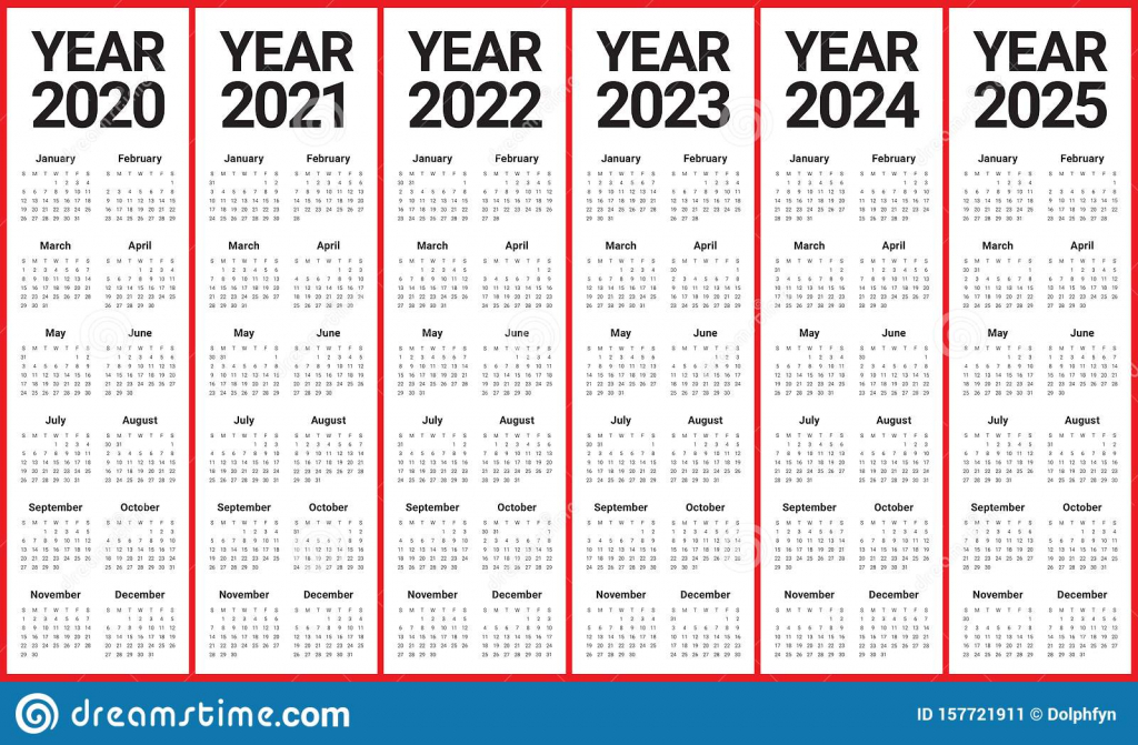 year 2020 2021 2022 2023 2024 2025 calendar vector design 10 year calendar from 2020
