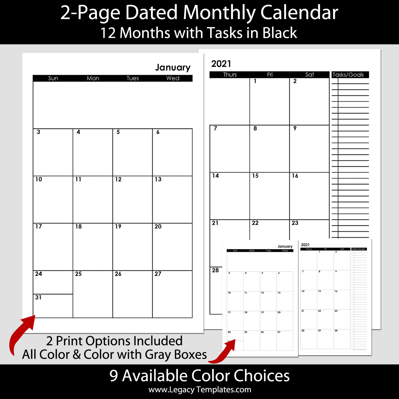 2 Page Dated Monthly Calendar In Black 5 5 X 8 5 Legacy