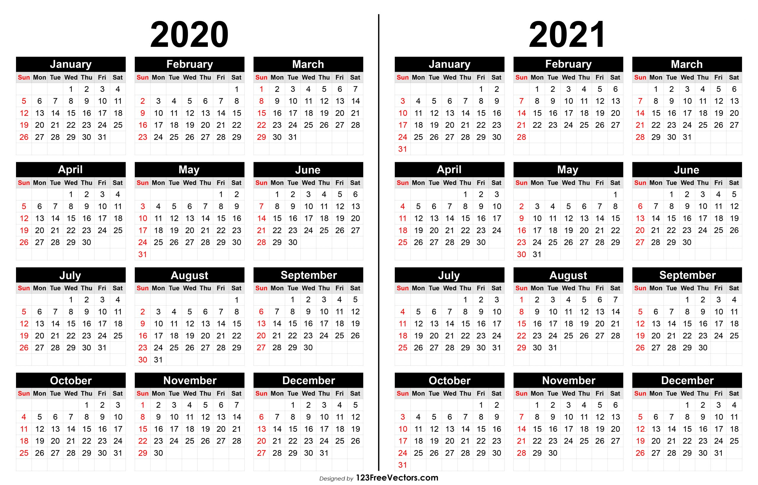 2 Year Calendar 2020 2021 Calendar Printable Free