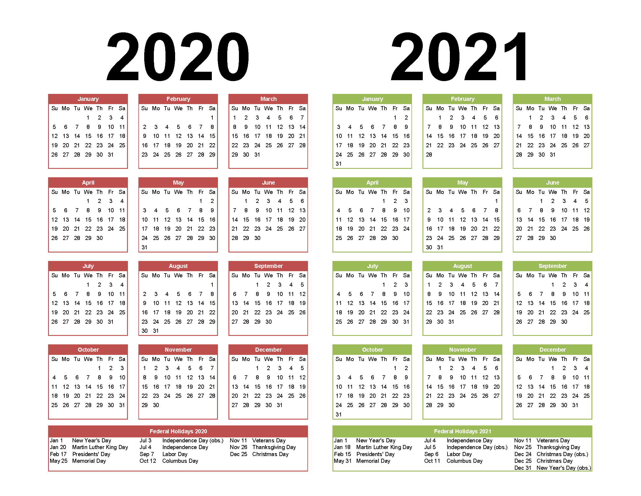 2 year calendar printable 2020 2021 word pdf image 1