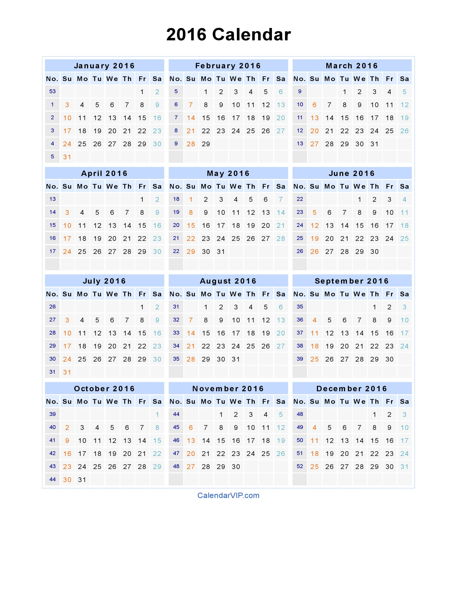 2016 calendar blank printable calendar template in pdf
