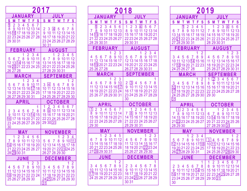 2017 2018 2019 3 year calendar