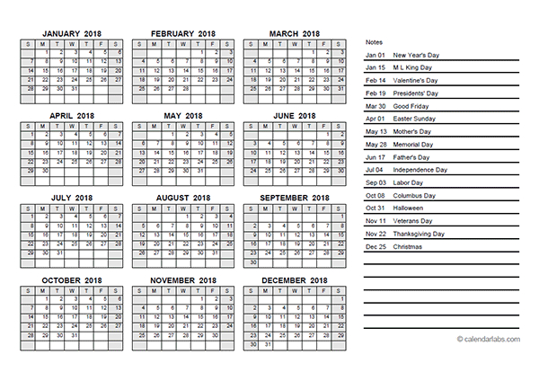2018 Yearly Calendar Pdf Free Printable Templates
