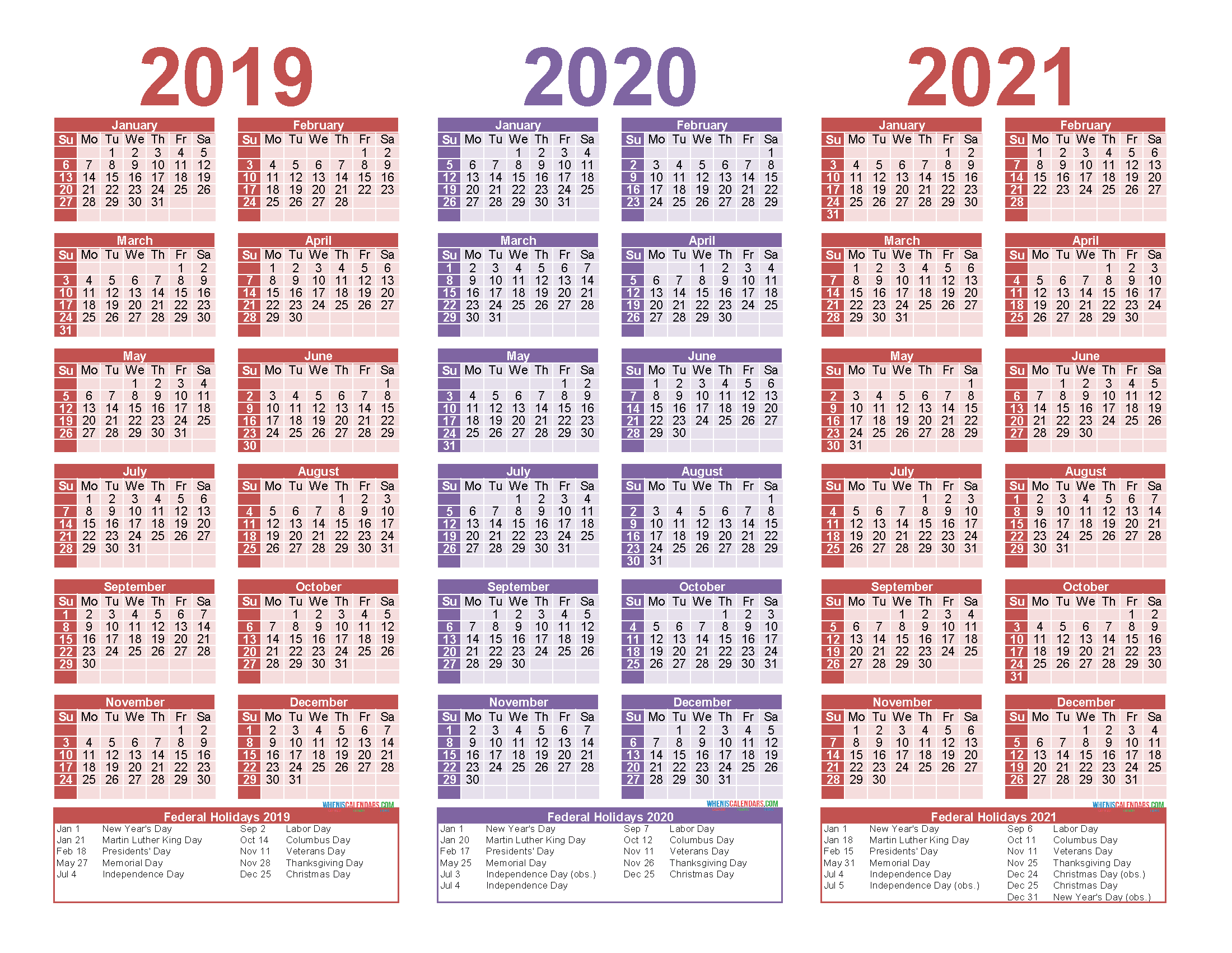 2019 And 2020 And 2021 Calendar Printable Pdf Word Free