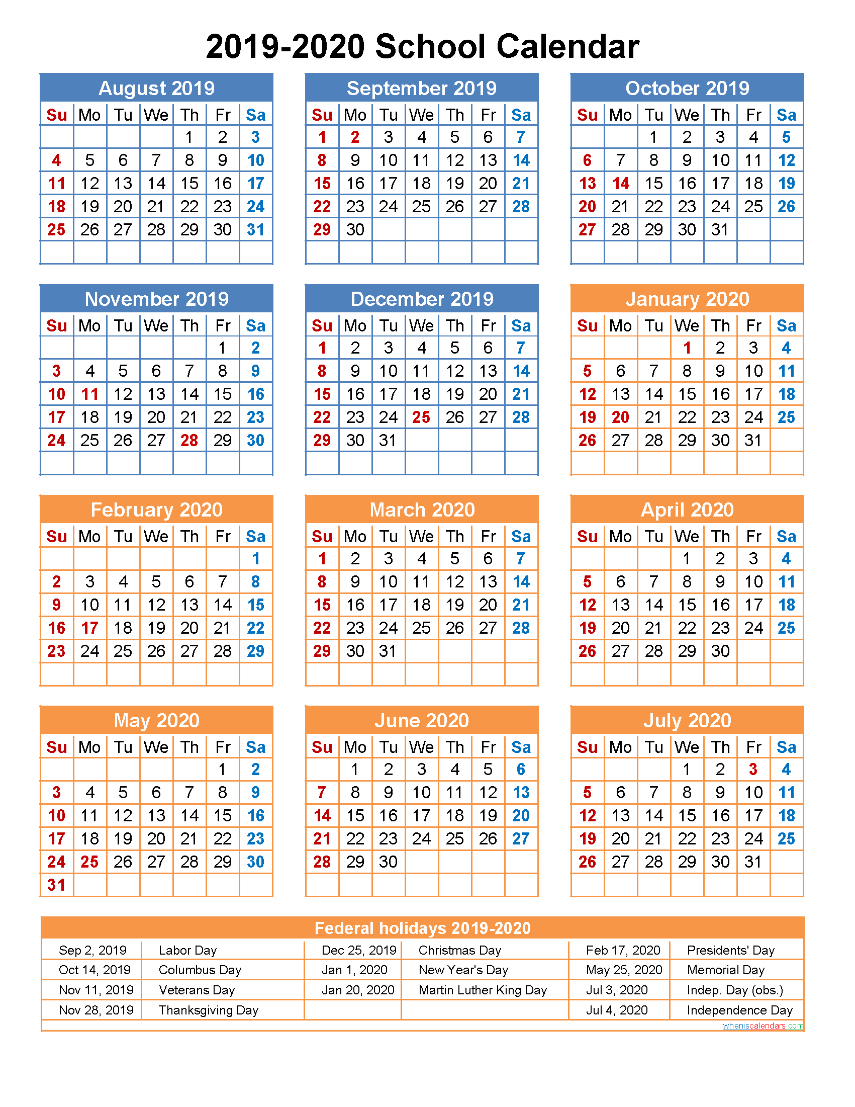 2019 And 2020 School Calendar Printable Portrait