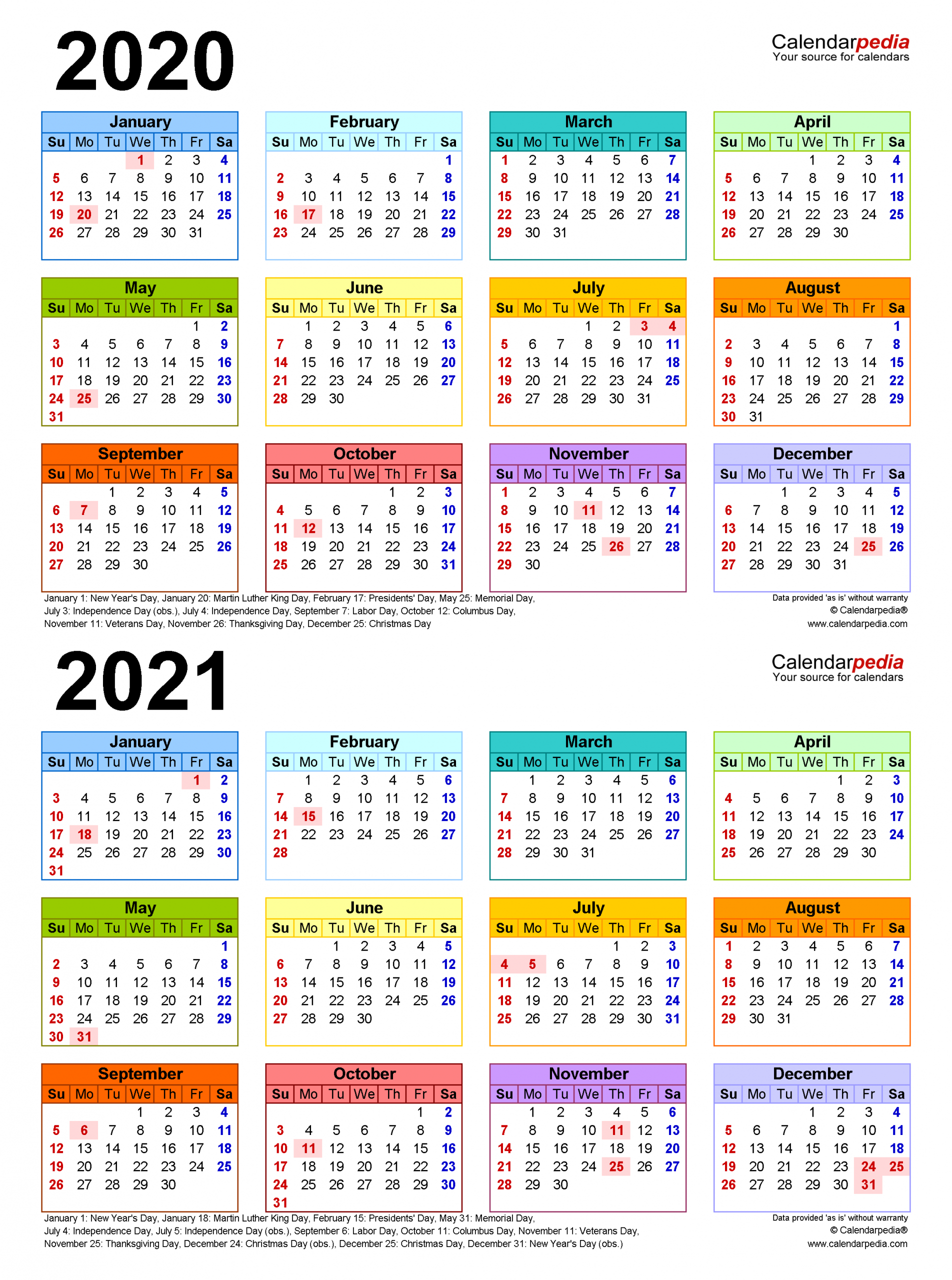 2020 2021 two year calendar free printable word templates