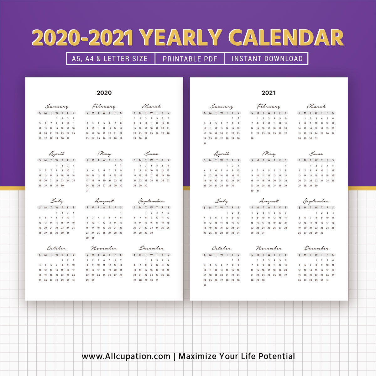 2020 2021 Yearly Calendar Year At A Glance Printable 1