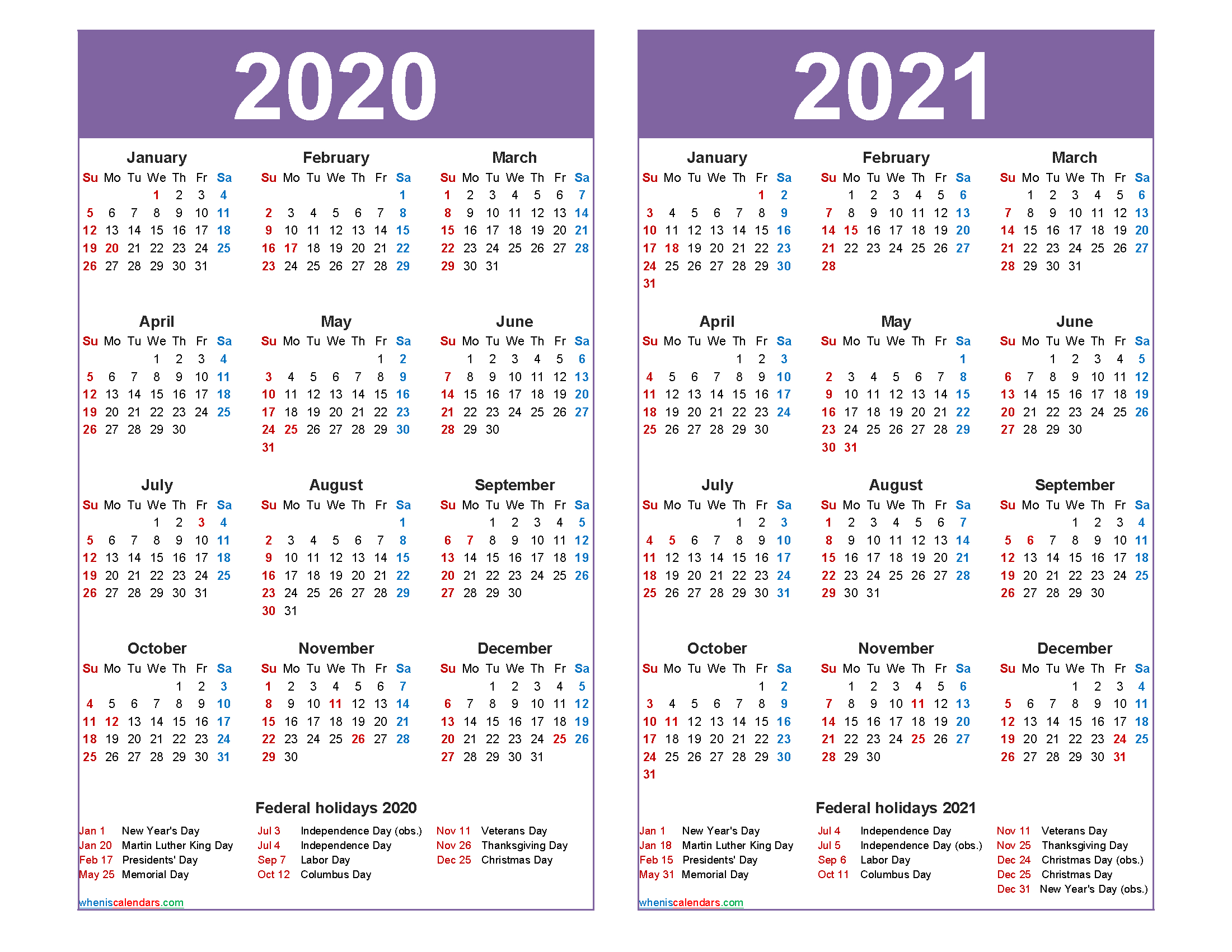 2020 and 2021 calendar printable with holidays word pdf