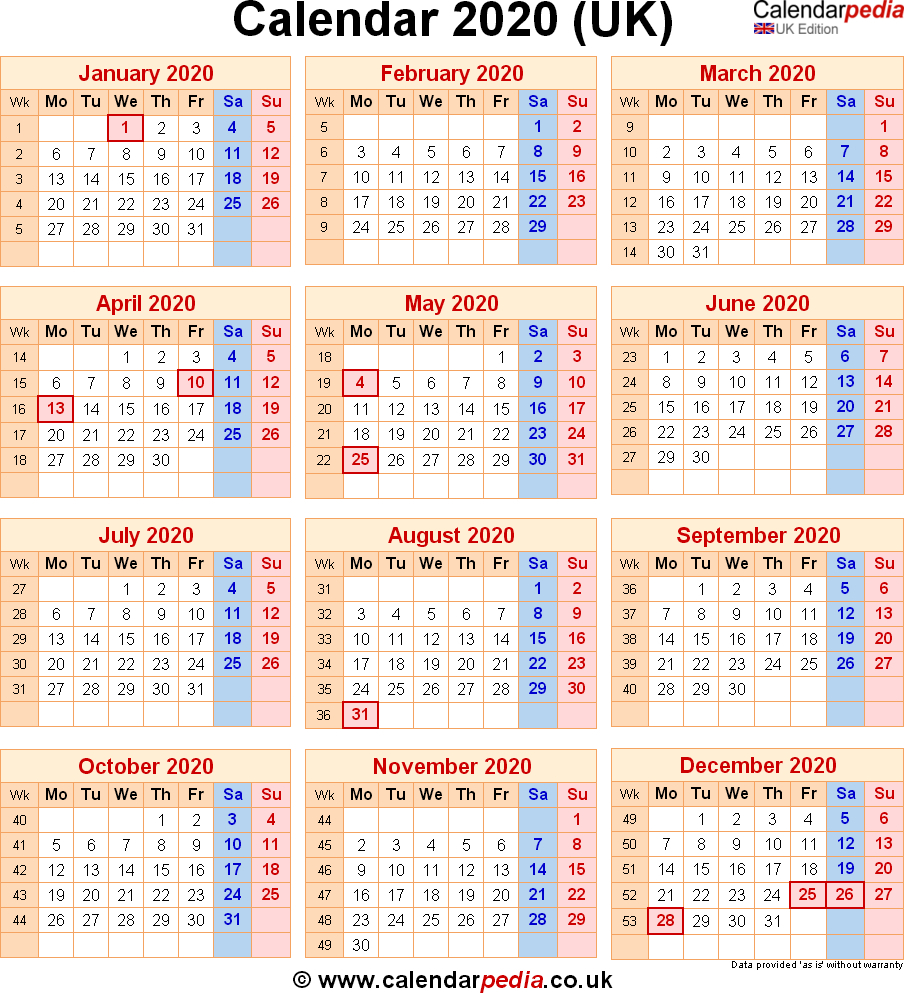 2020 Calendar Uk Printable Year Calendar