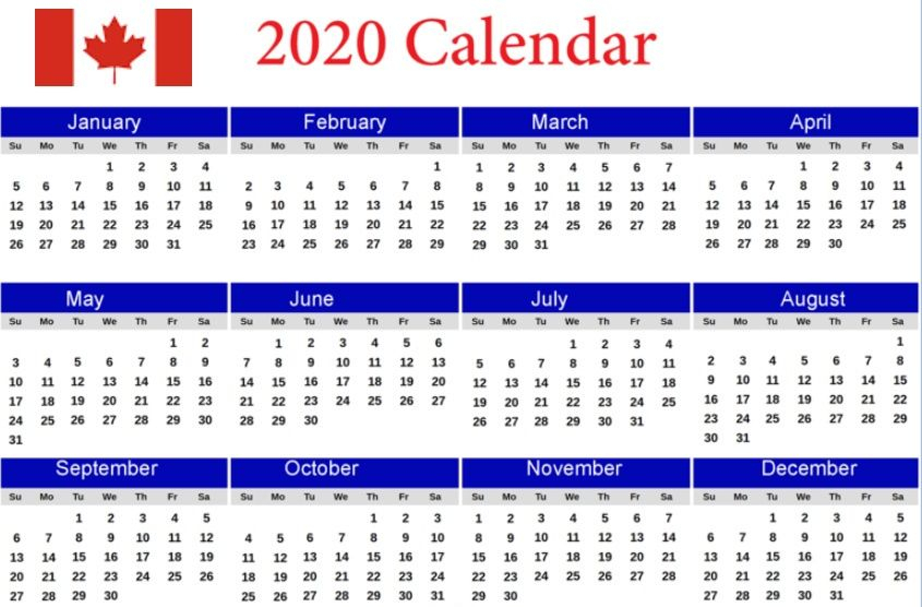 2020 canada 12 months calendar holiday words monthly