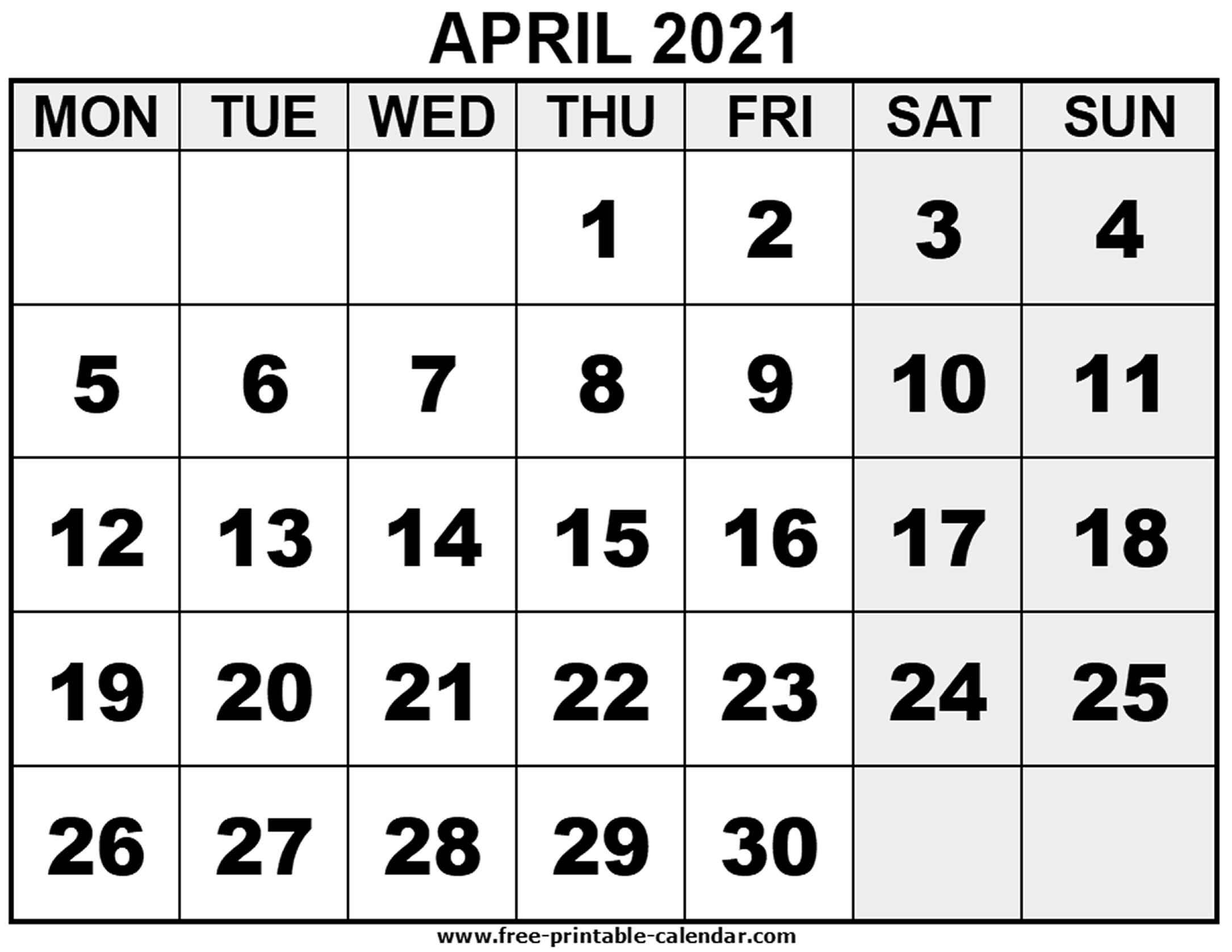2021 April Free Printable Calendar