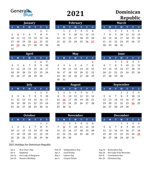 2021 Calendar Dominican Republic With Holidays