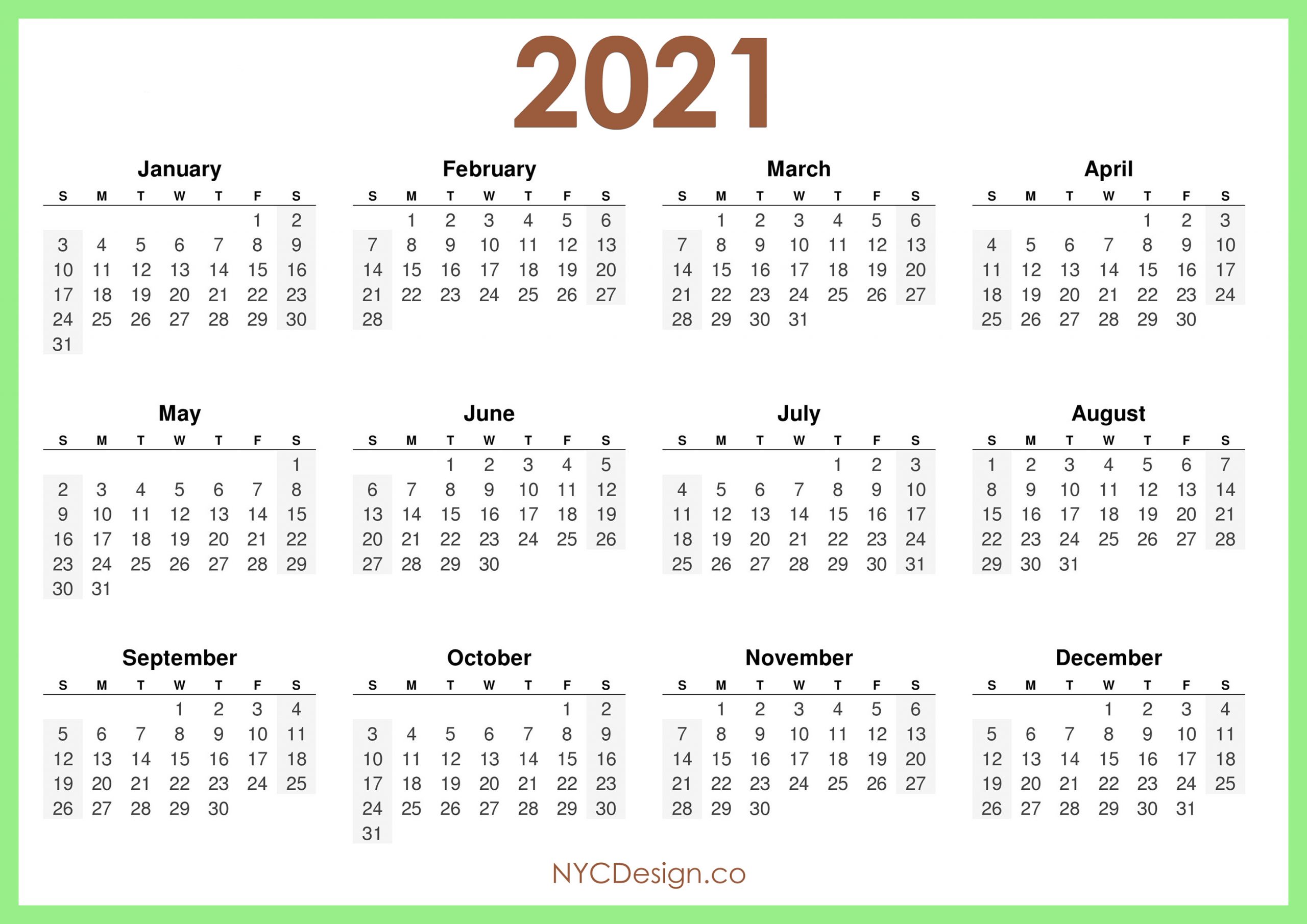 2021 Calendar Printable Free Horizontal Light Green Hd