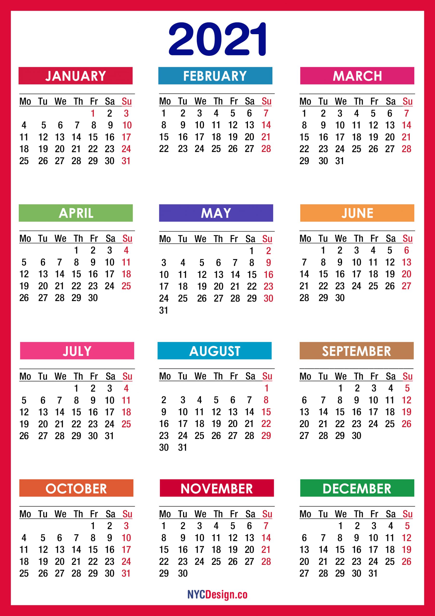 2021 calendar printable free pdf colorful red orange 1