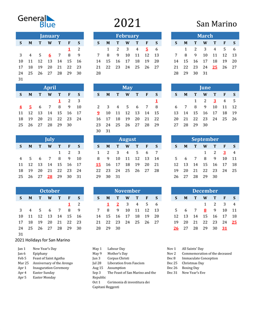 2021 Calendar San Marino With Holidays