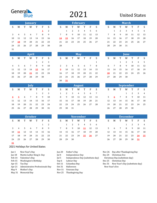 2021 Calendar United States With Holidays