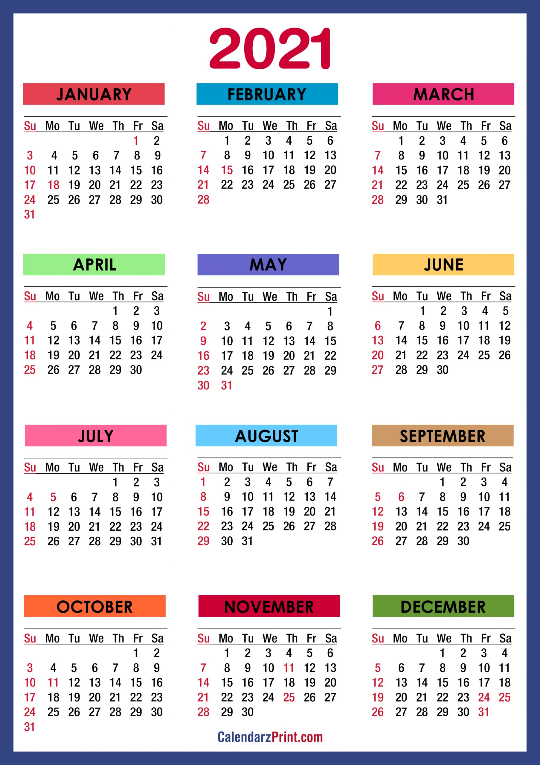 2021 calendar with holidays printable free colorful 1