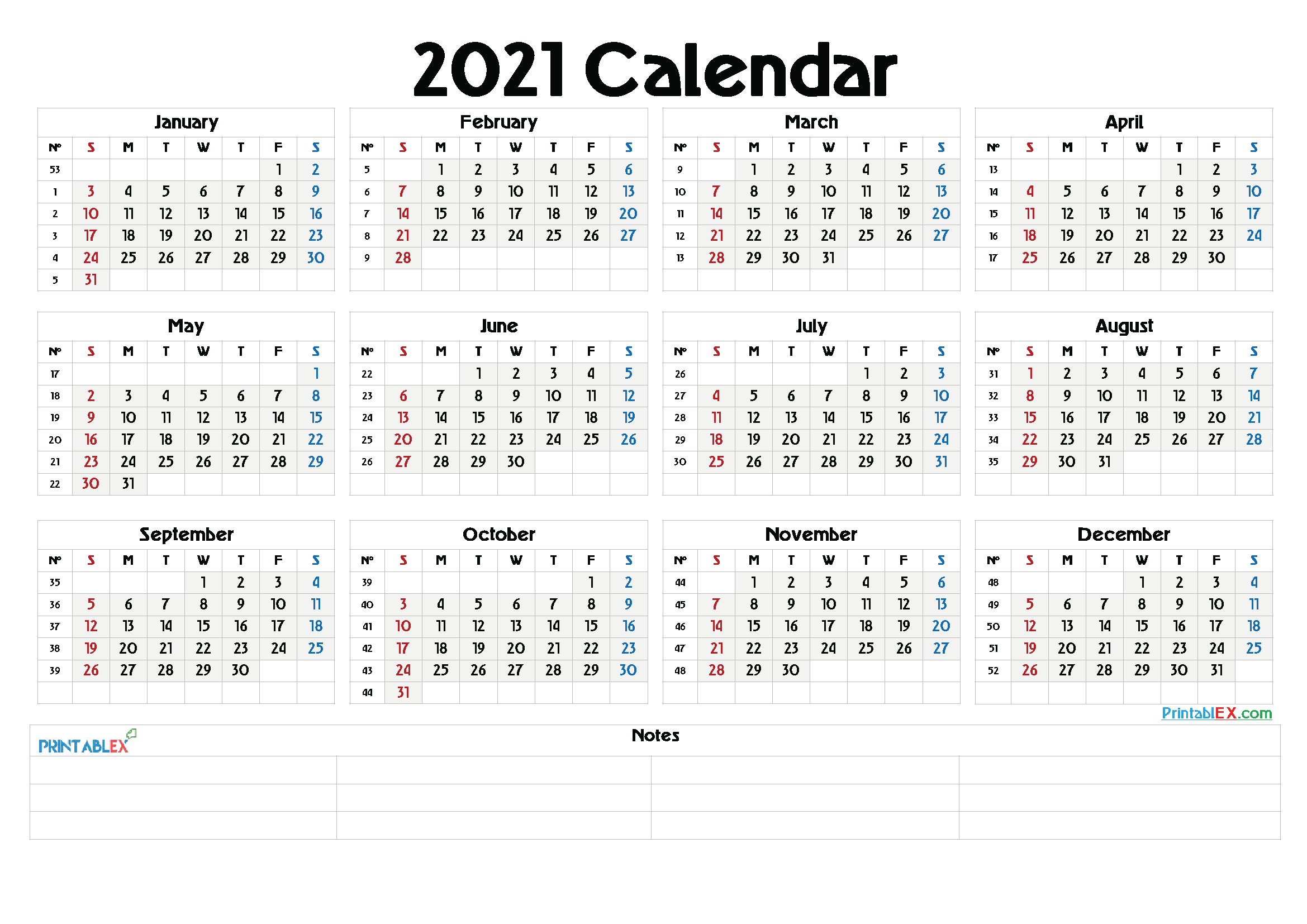 2021 free printable yearly calendar with week numbers