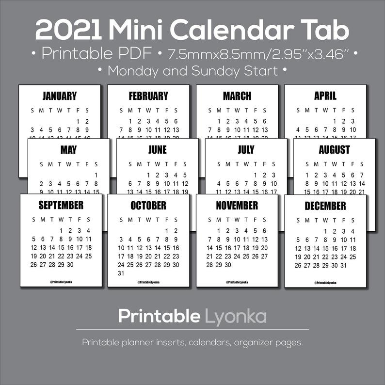 2021 Mini Calendar Tab Size 2 95 X 3 46inch Printable Pdf