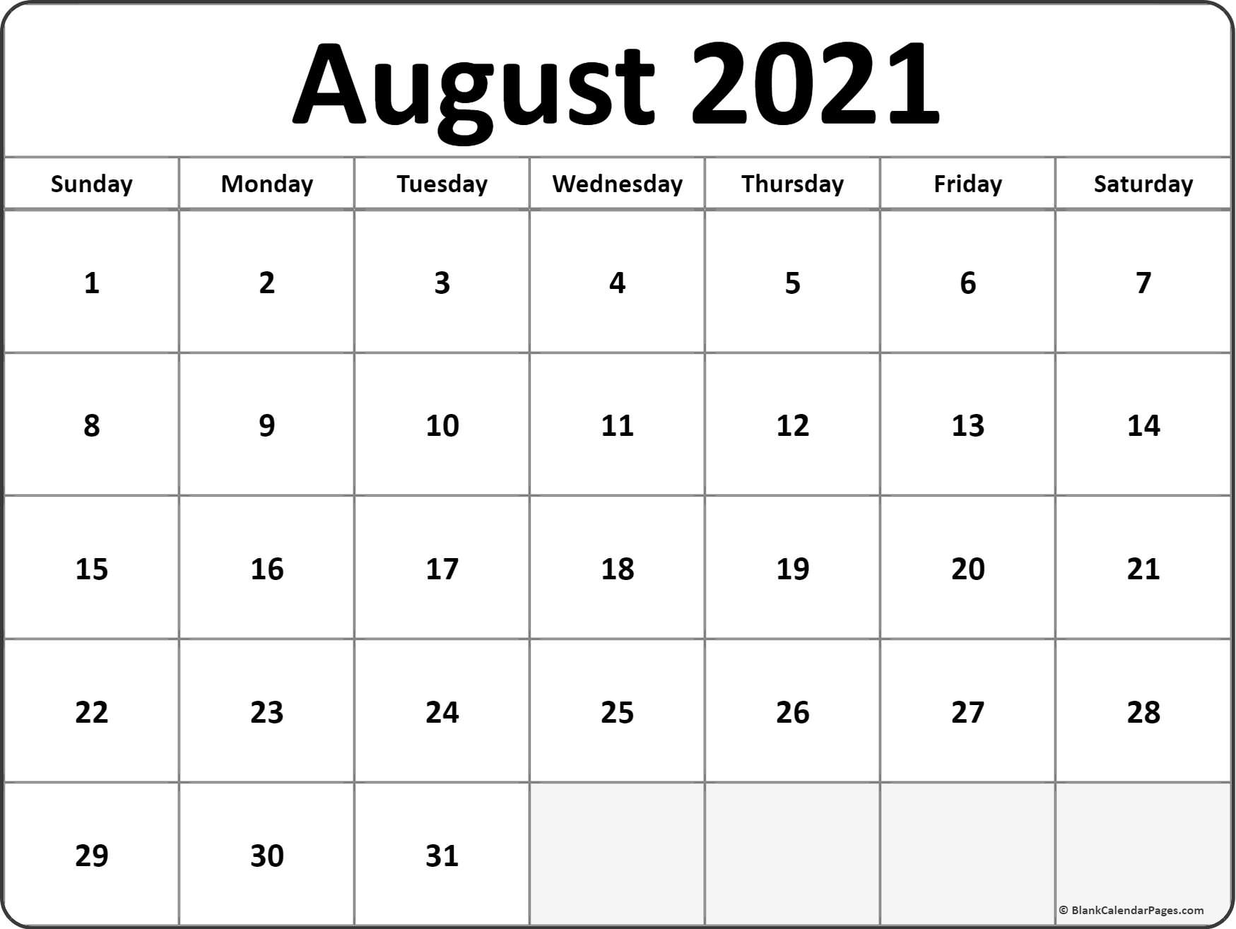 August 2021 Calendar Free Printable Monthly Calendars