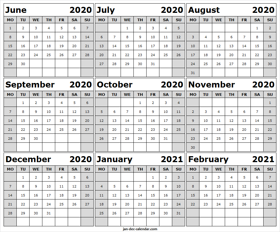 Blank Calendar June 2020 To February 2021 Monthly