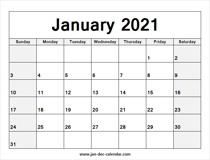Blank Printable January Calendar 2021 Template Free