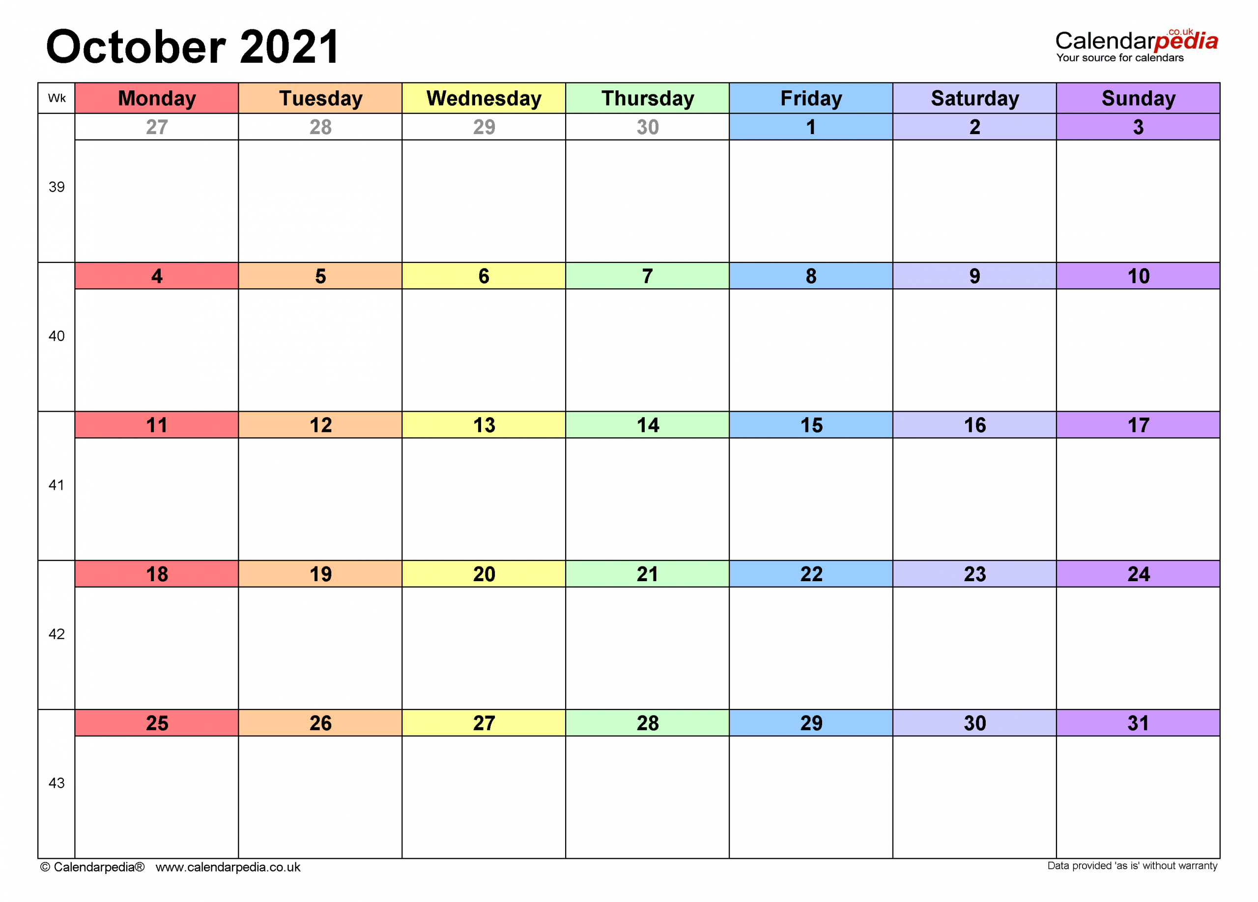 Calendar October 2021 Uk With Excel Word And Pdf Templates