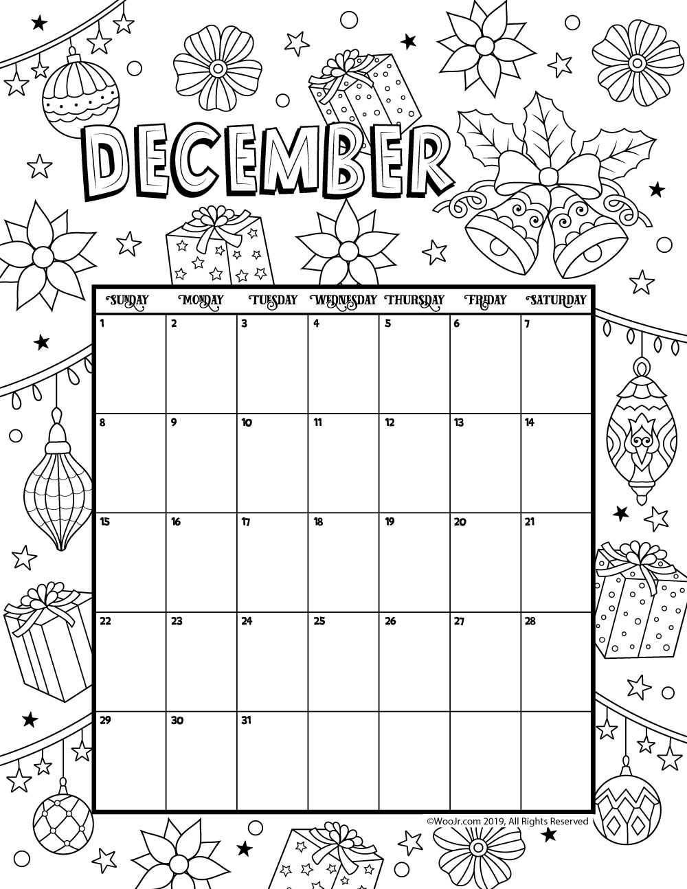 December 2019 Coloring Calendar Woo Jr Kids Activities