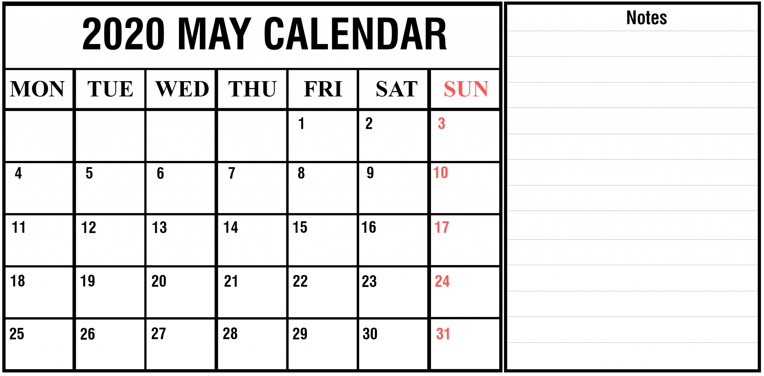 Download Free Printable May 2020 Calendar Pdf Excel