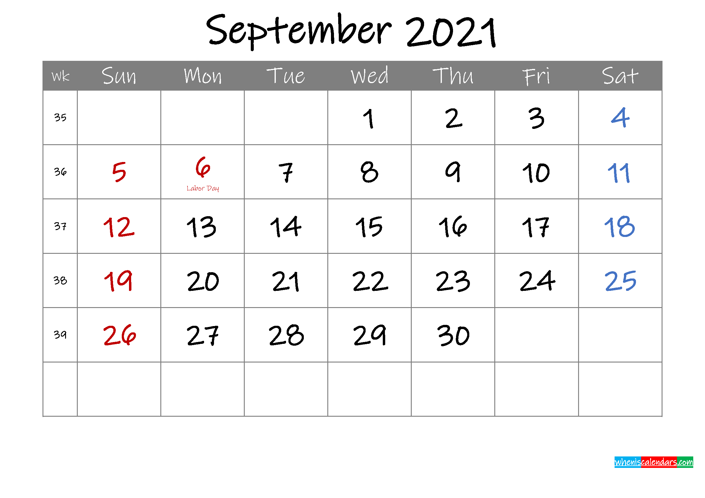 Editable September 2021 Calendar With Holidays Template 1