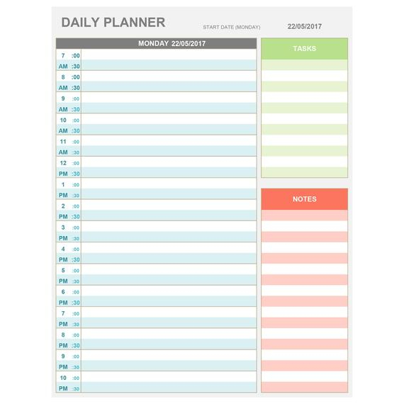 Excel Daily Hourly Planner Printable Editable Daily Etsy