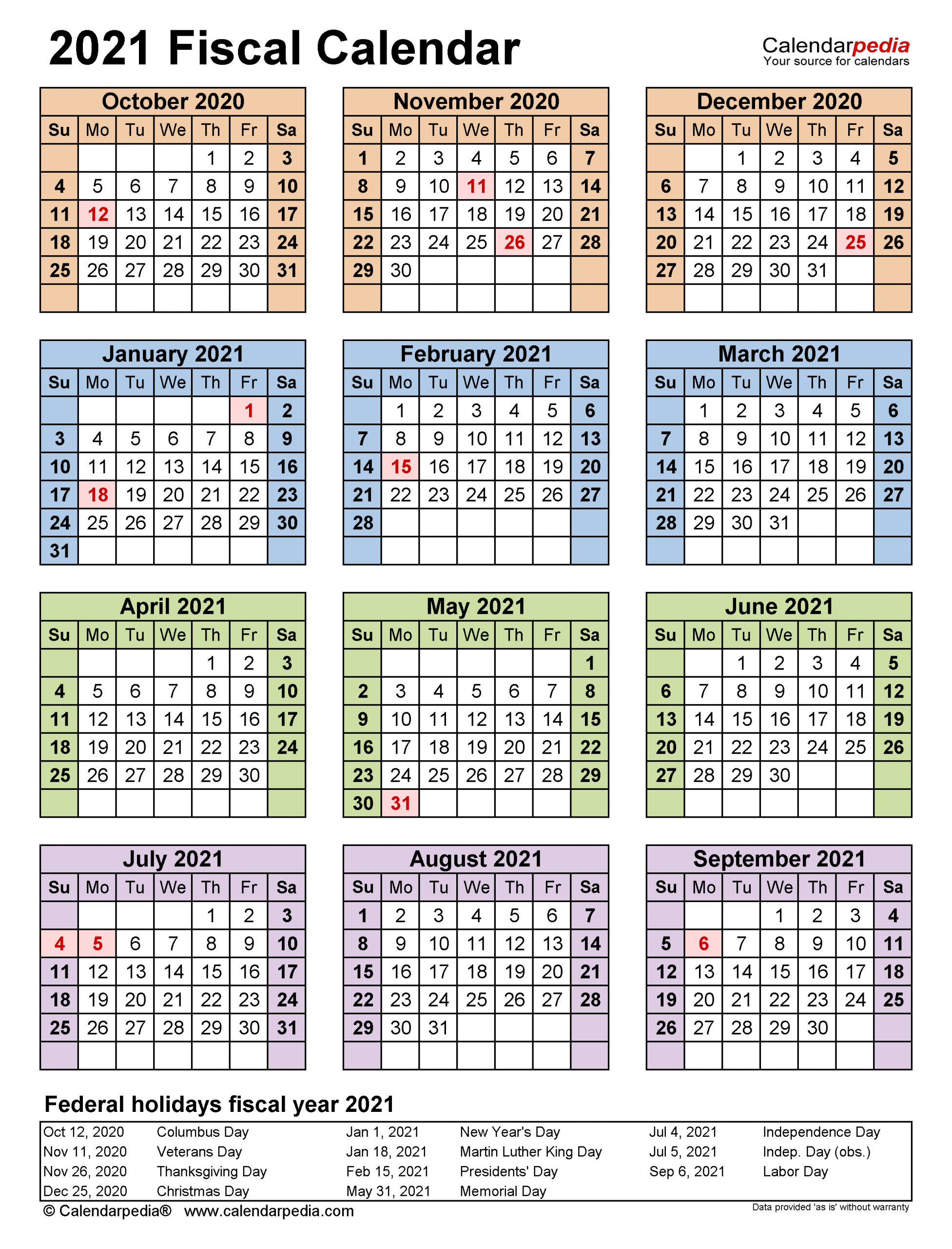 Fiscal Calendars 2021 Free Printable Excel Templates