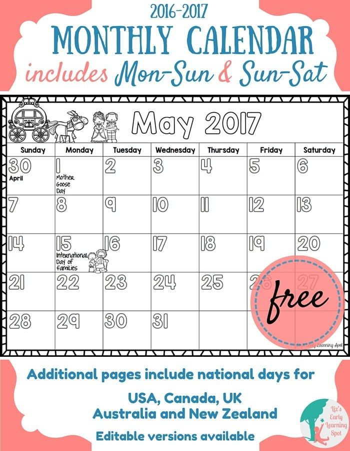 Free 2016 2017 Monthly Calendar Early Learning Kids