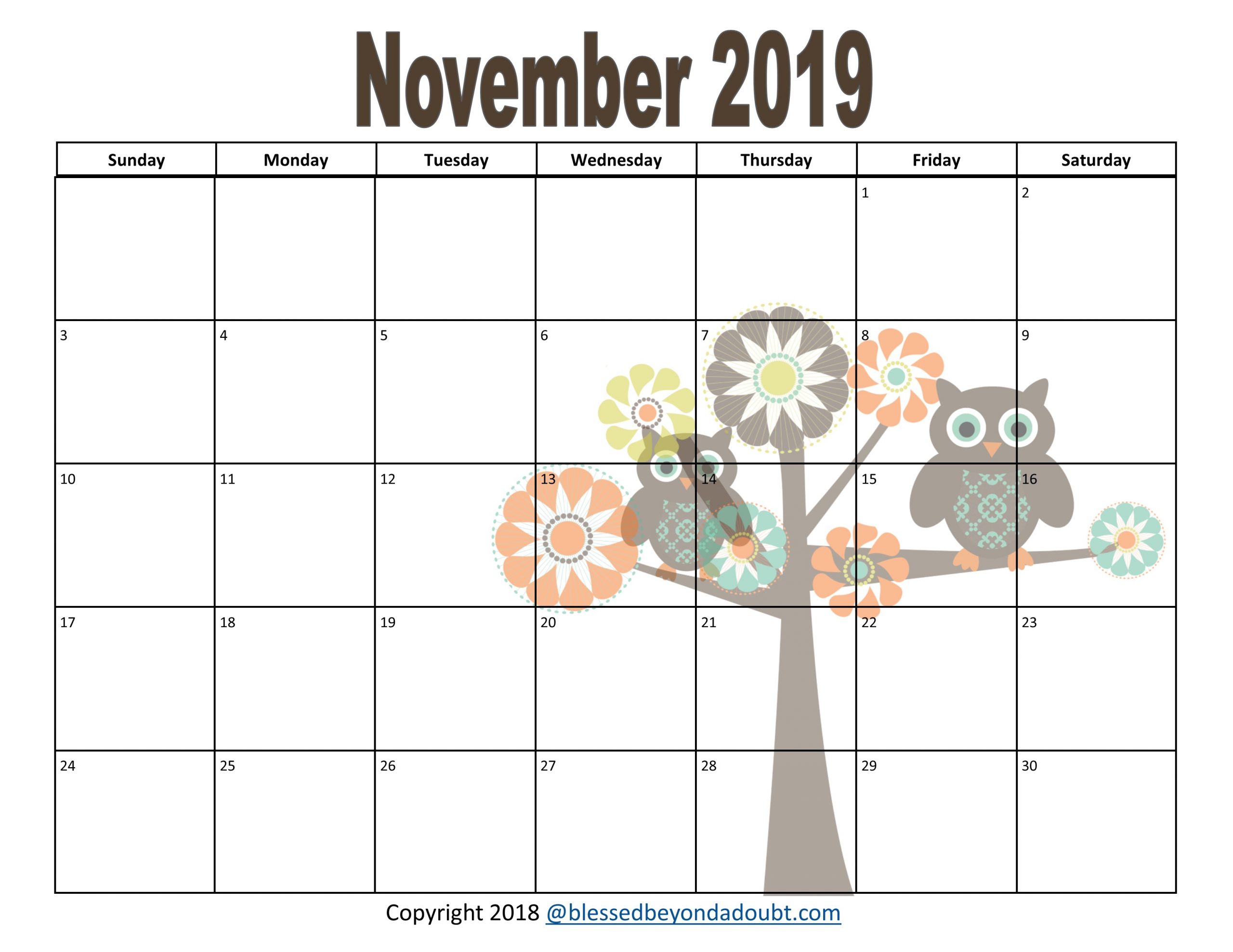 Free 2019 Monthly Printable Calendars Owl Themed