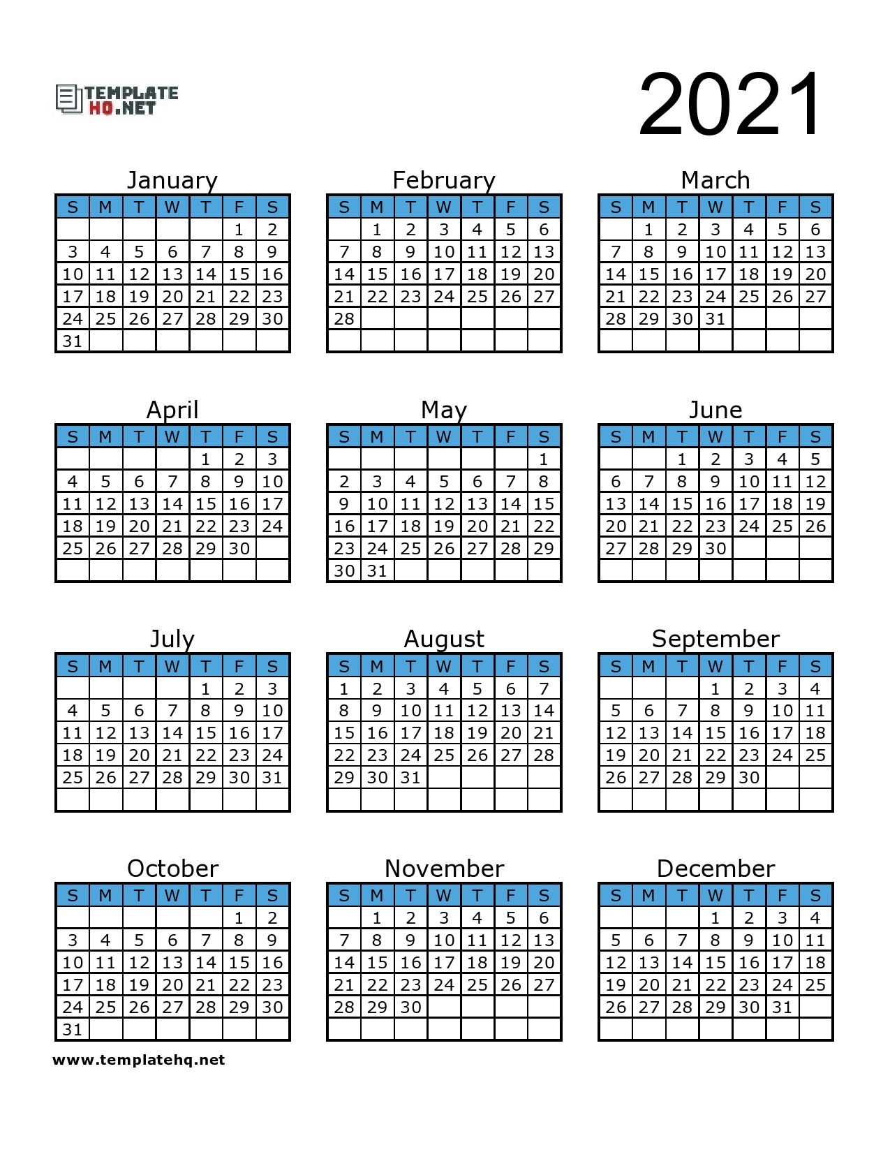 Free 2021 Calendar Printable Template Hq