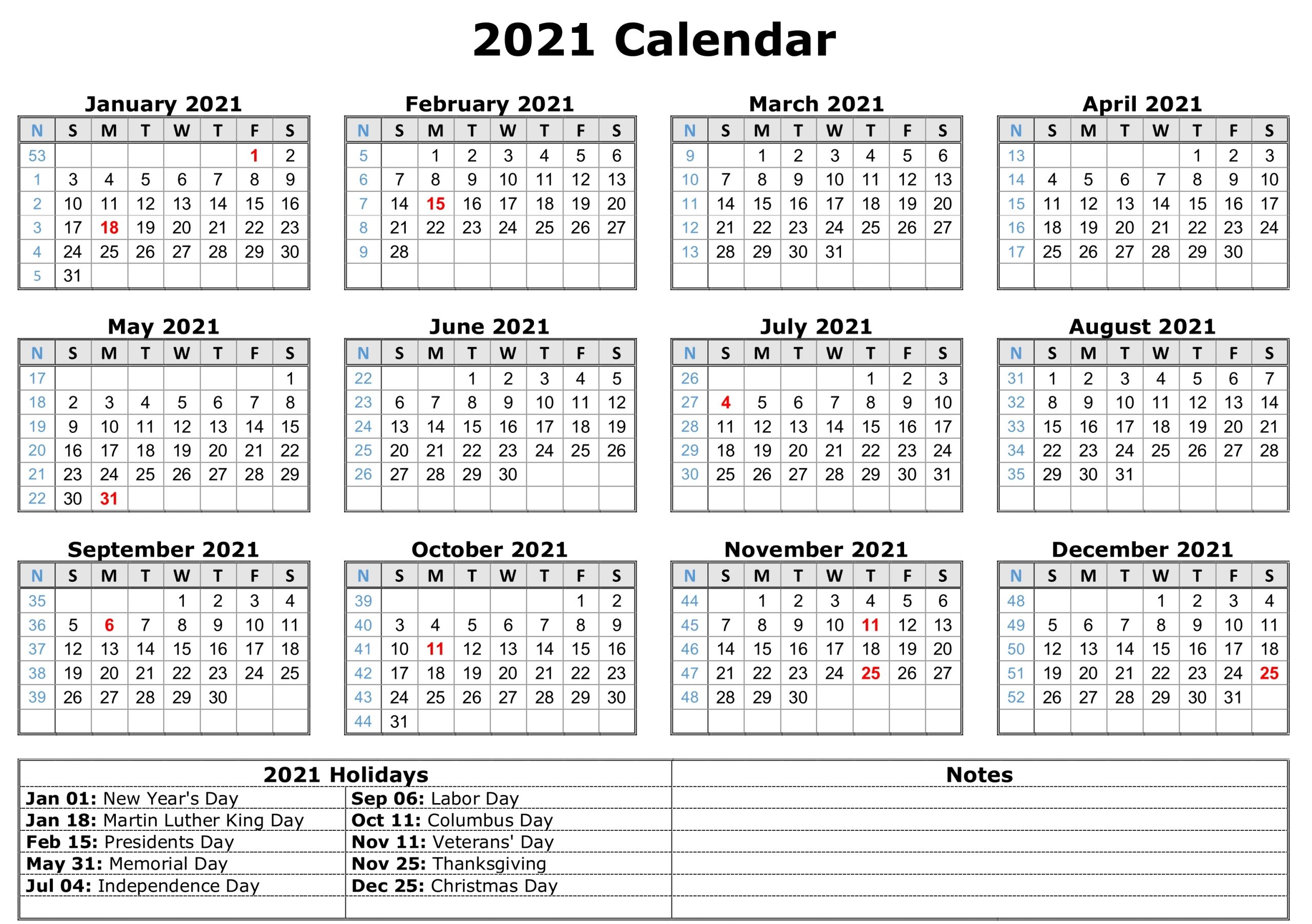 free 2021 printable monthly calendar with holidays word 1