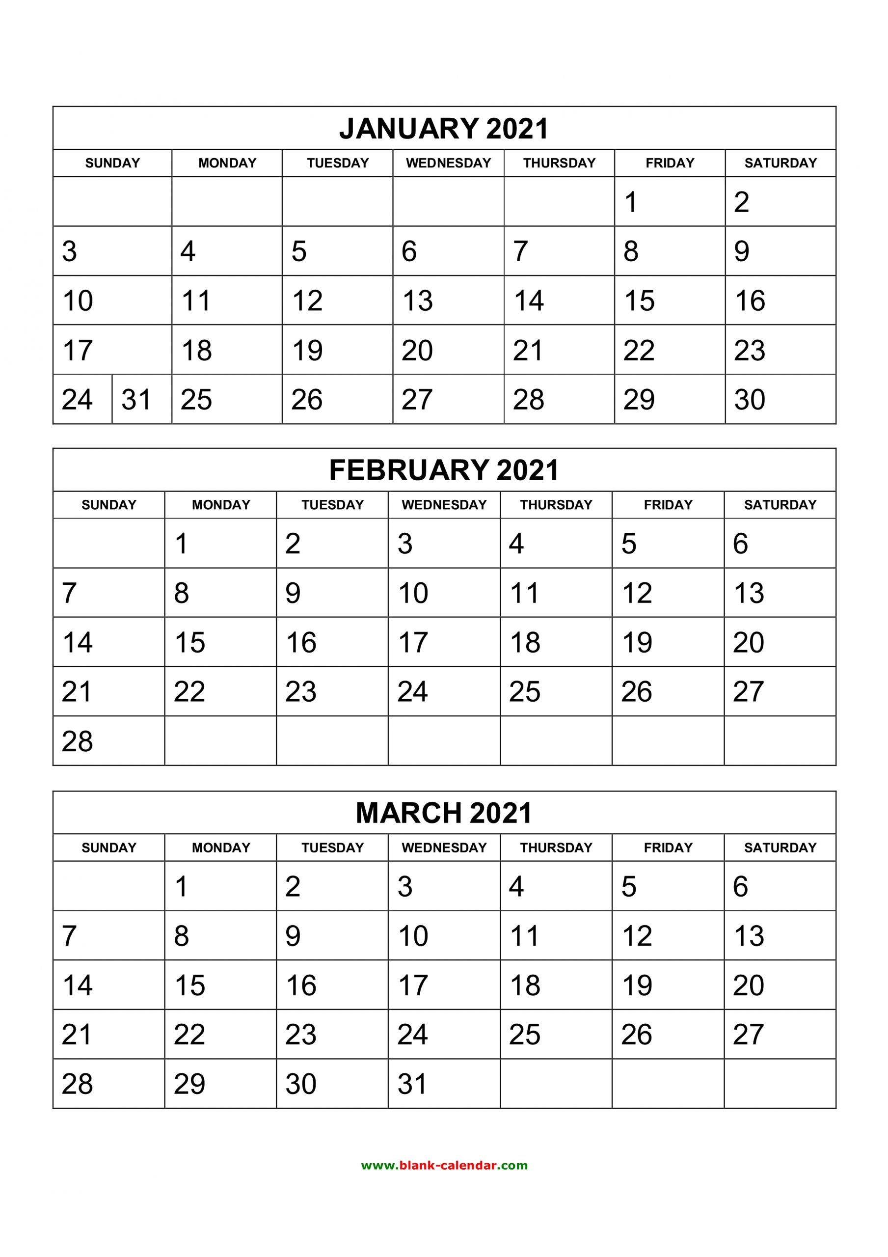 free download printable calendar 2021 3 months per page