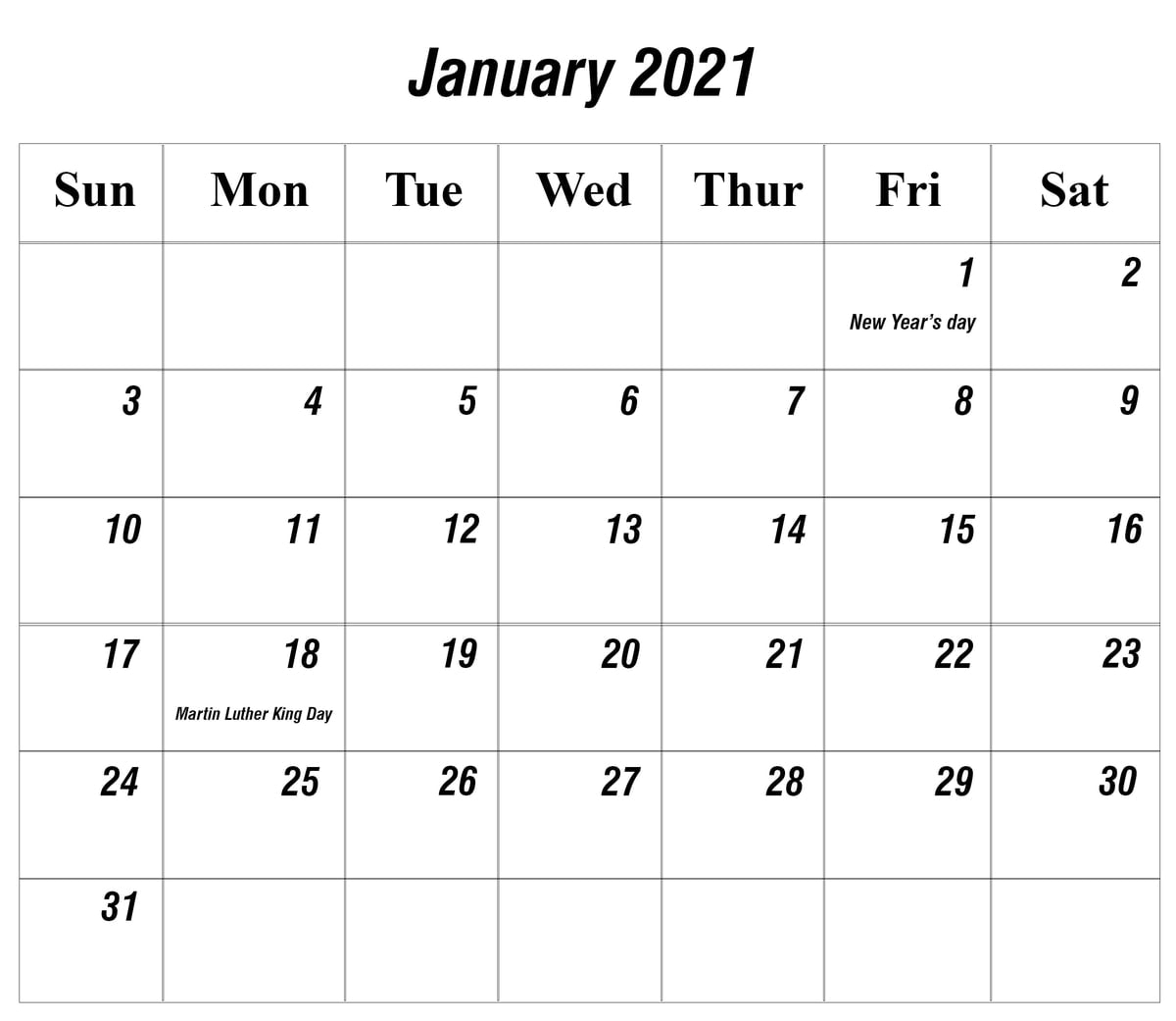free january 2021 printable calendar template in pdf