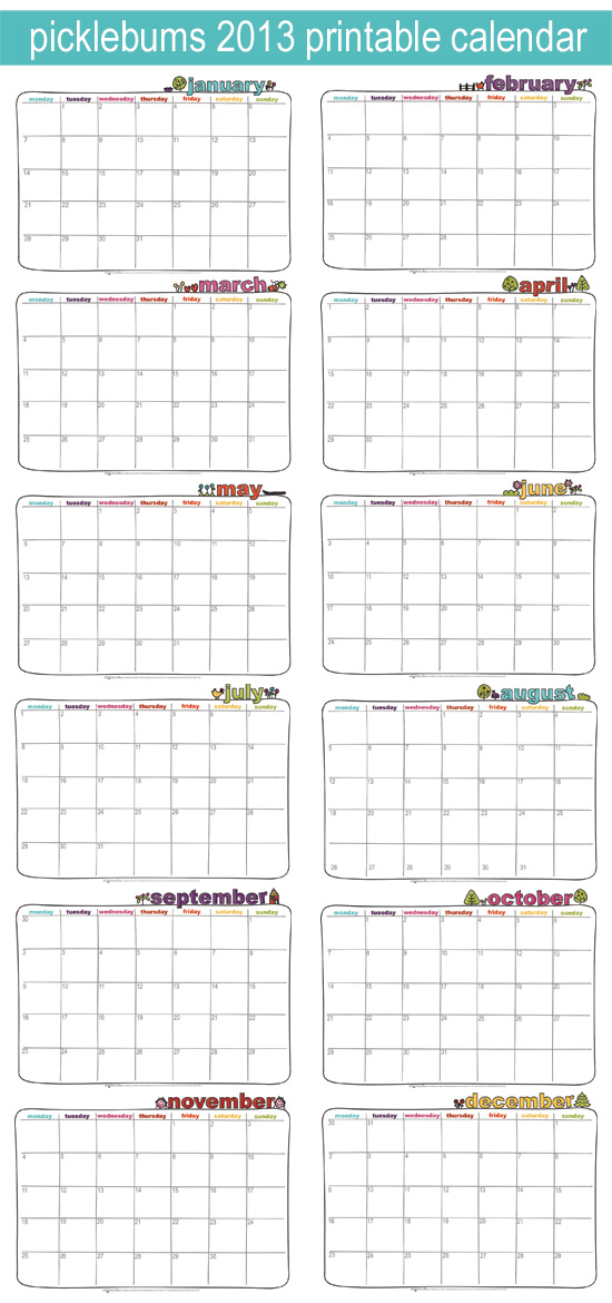Free Printable 2013 Picklebums Calendar Picklebums