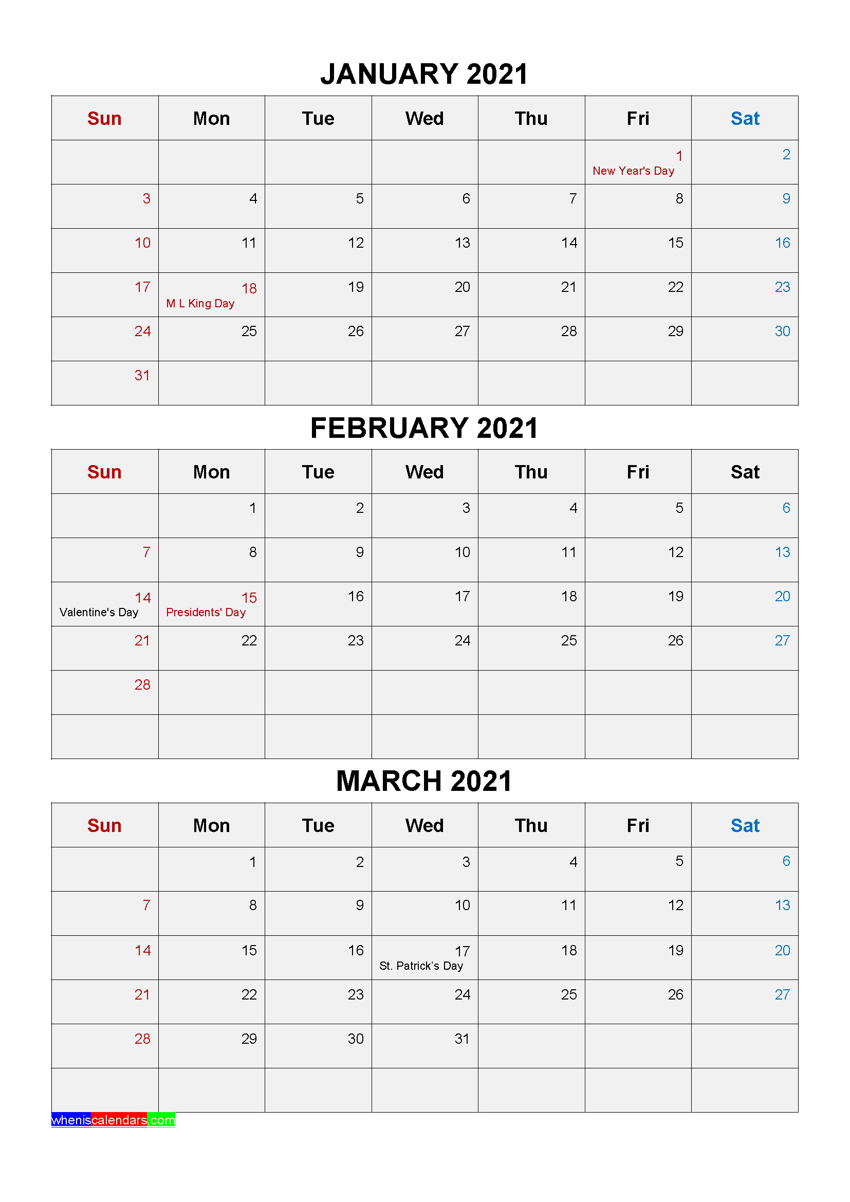 Free Printable January February March 2021 Calendar 3