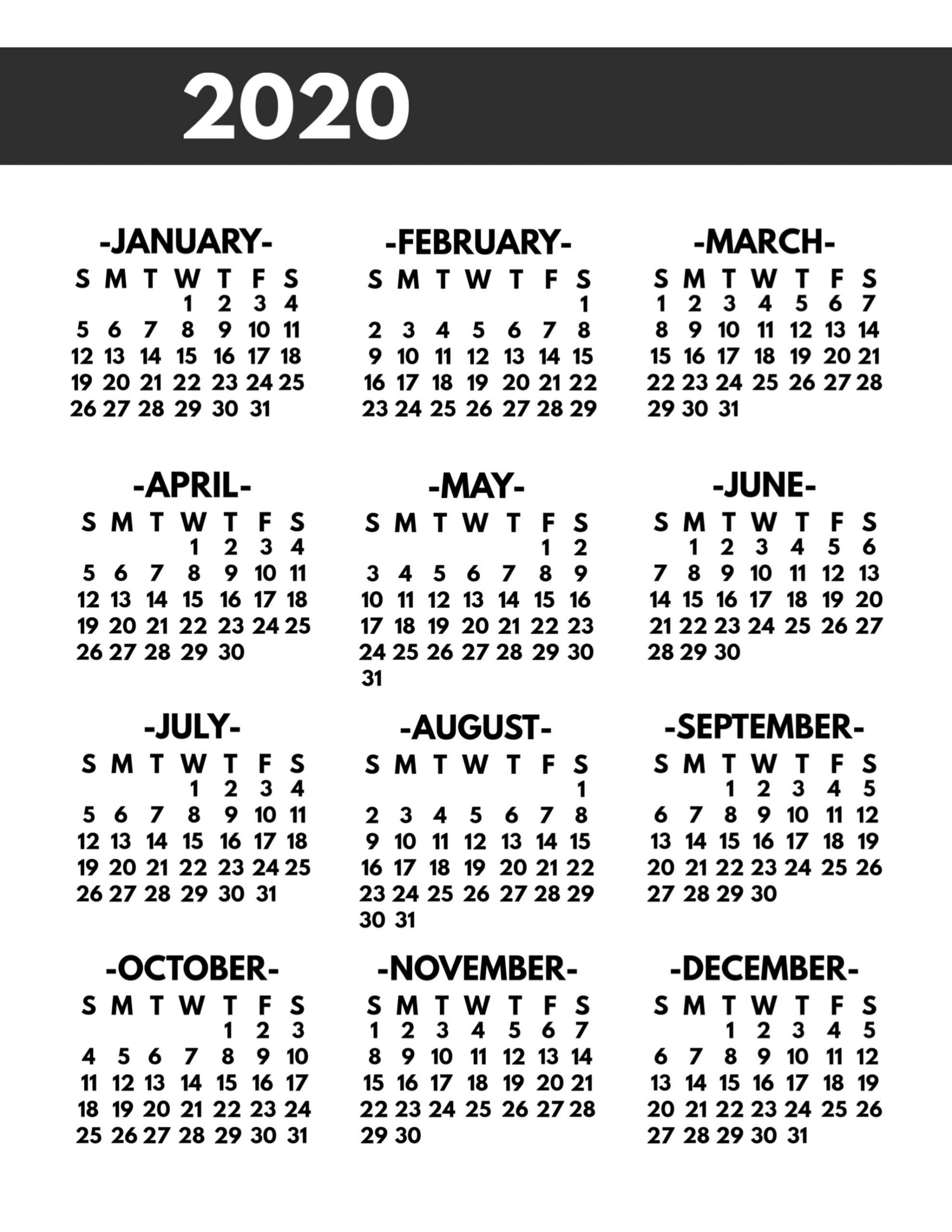 Free Printable Year At A Glance Calendar 2020 Calendar