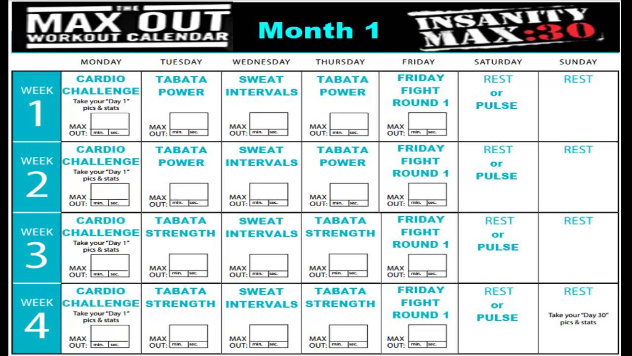 Insanity Max 30 Calendar Month 1 Youtube