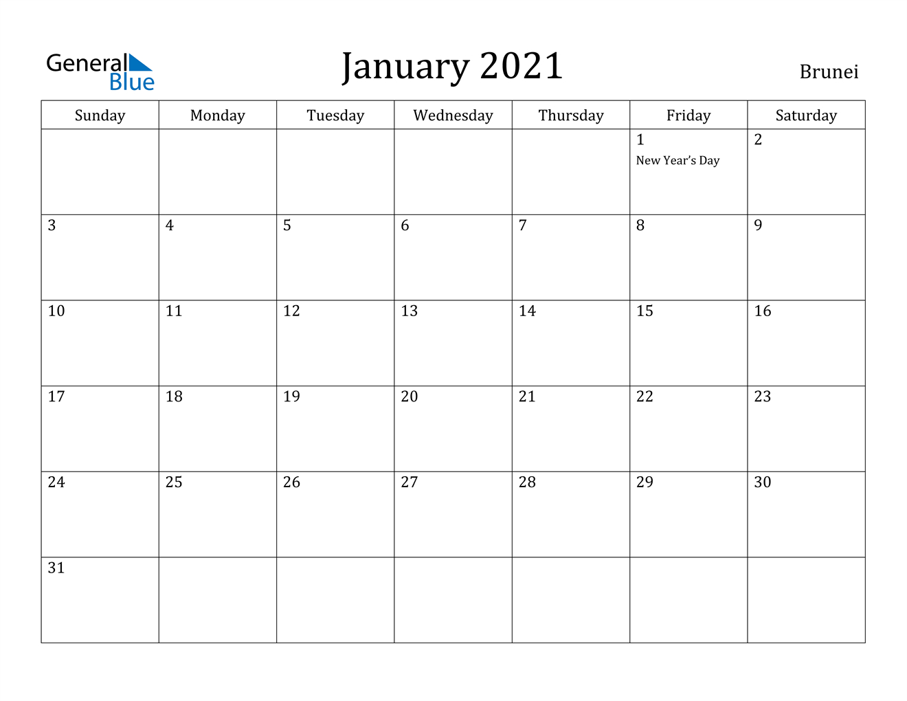 January 2021 Calendar Brunei