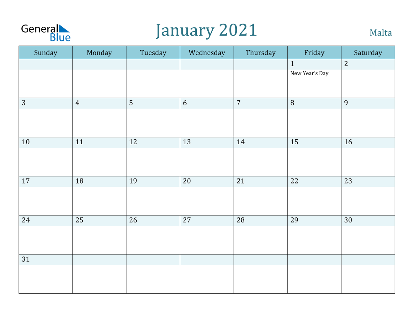 January 2021 Calendar Malta