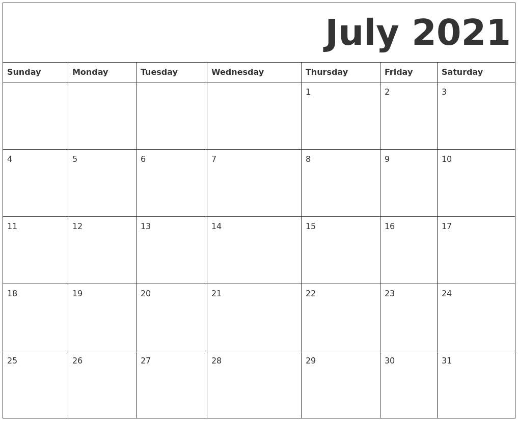 July 2021 Free Printable Calendar