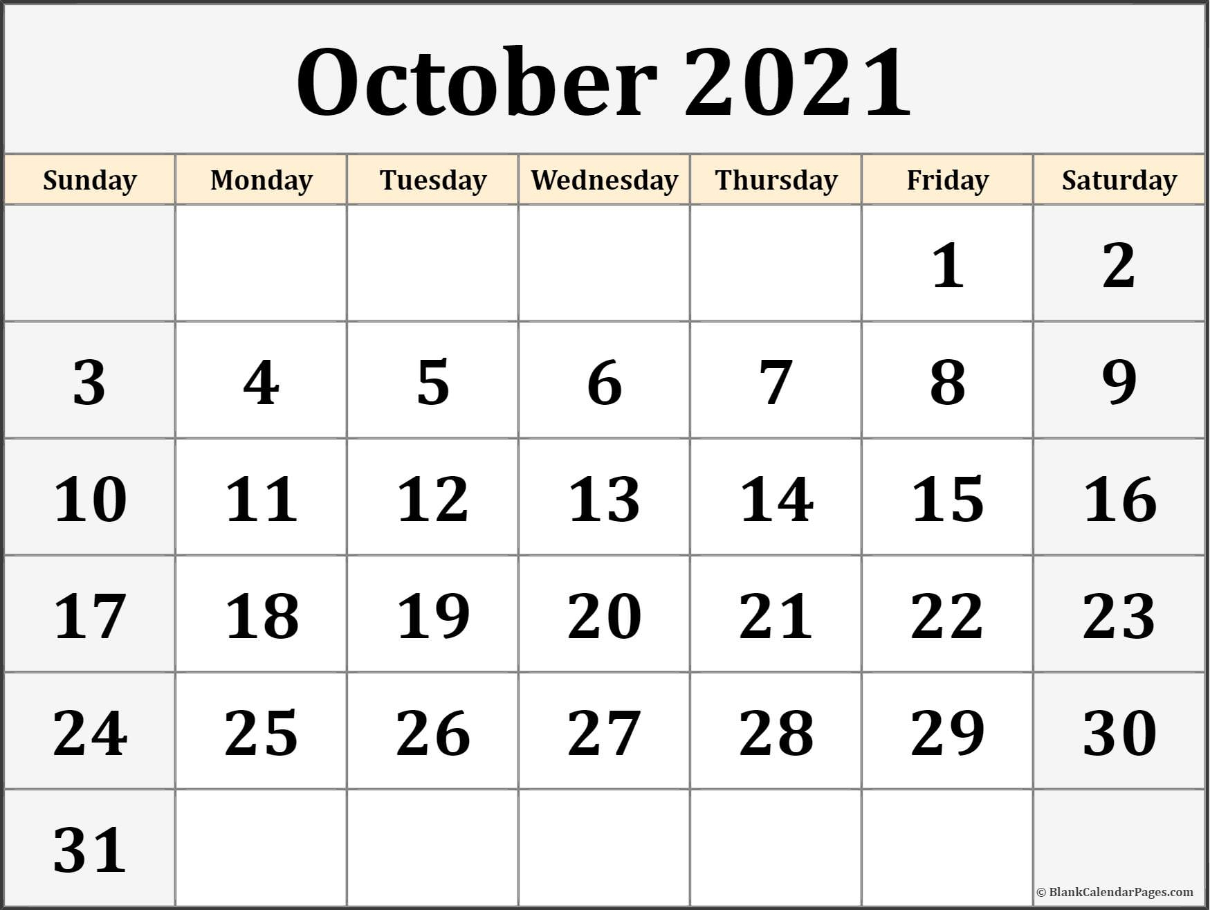October 2021 Calendar Free Printable Monthly Calendars