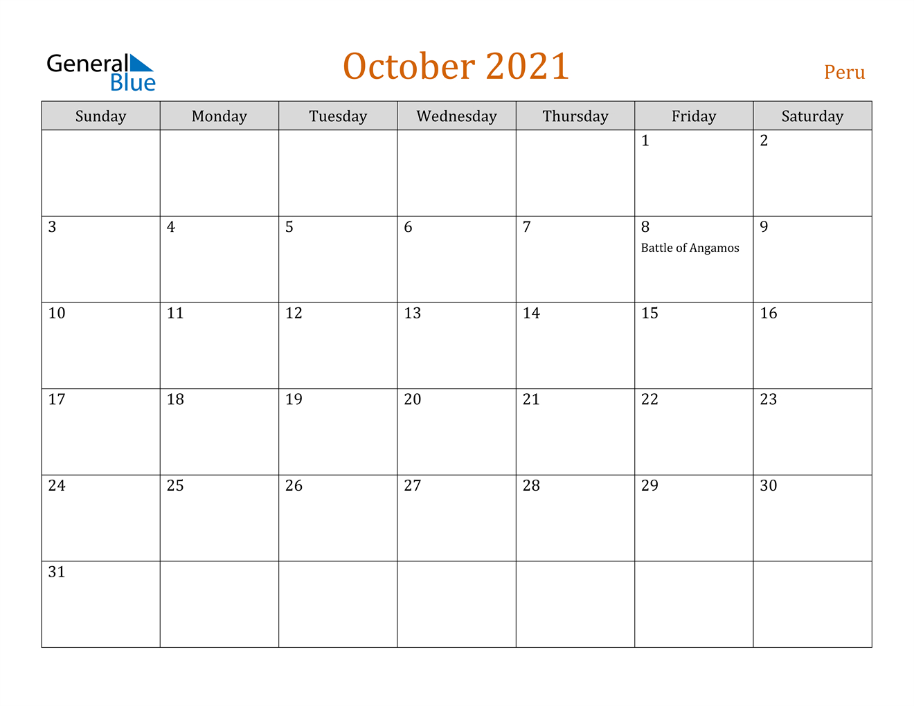 October 2021 Calendar Peru